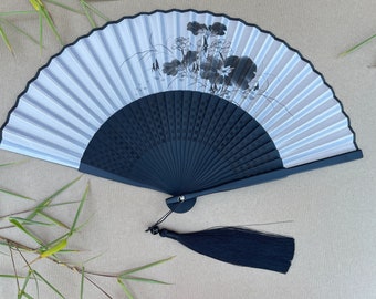 White Fabric Border Handheld Folding Hand Fan with a Pouch and a Box Women Girls Durable Quality Hand Fan HQ Range with Flower Artwork