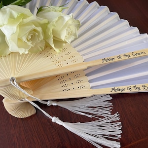 White Fabric Fan with a Tassel Gift Box Grade A Bamboo Ribs Wedding Party Favour Handheld Fan - Hand Personalised