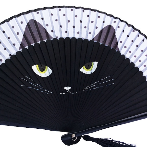 Genuine Original Cat-women Halloween Costumes Rave Anime Gothic Cat Hand Fan Wooden Hand Fan Black ( including pouch)