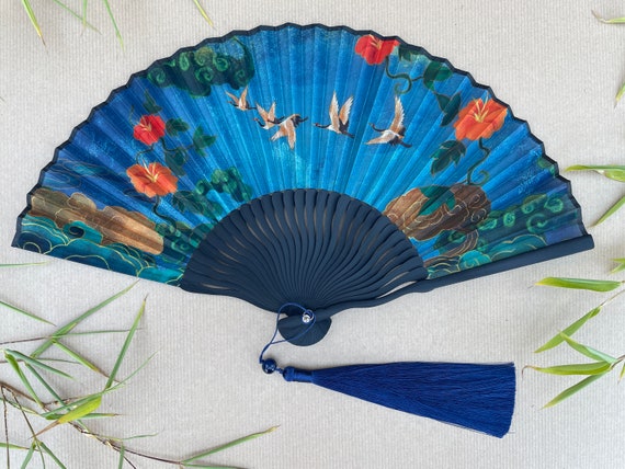 Blue Crane Silk Fabric Hand Fan | Floral Bamboo Folding Fan with Navy Tassel