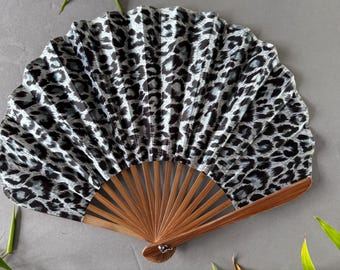 Blue Leopard Print Ascot Hand Fan with Bamboo Ribs | Pouch Included