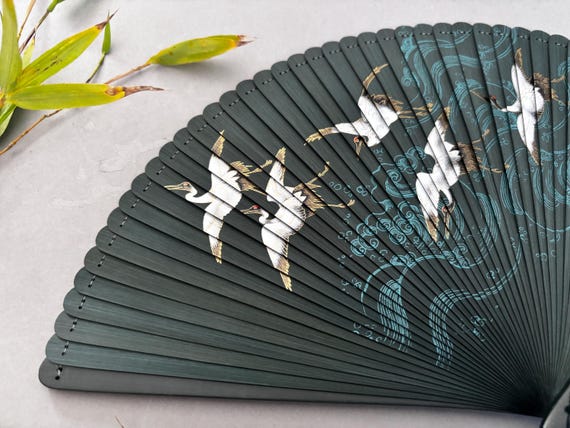 Emerald Green Crane Bamboo Folding Fan With Pouch | Japanese Style