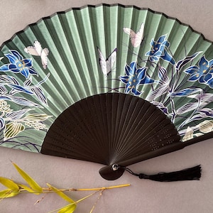 Green shades Silk Fabric Bamboo Ribs Hand Held Fan with a Pouch , Beautiful Butterflies & Flower print