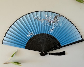Blue shade Tokyo Blossom Hand Fan: Silk Fabric & Bamboo ribs