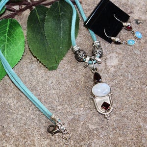 Moonstone and Garnet Sterling Pendant Necklace Set