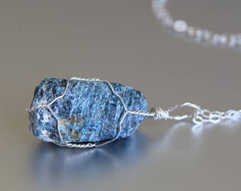 Blue Apatite Necklace, Wire Wrapped Pendant, Gift For Yoga Lover