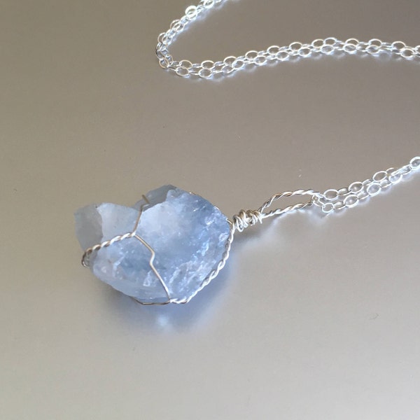 Small Celestite Necklace, Healing Crystal, Blue Stone Necklace, Celestite Pendant, Raw Crystal Jewelry