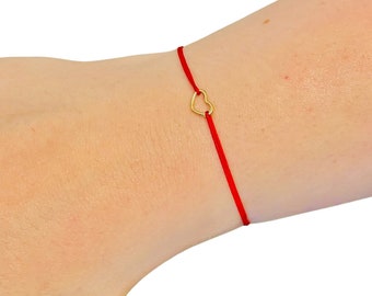 Thin gold heart red string dainty bracelet a minimalist handmade beauty perfect for any wrist with our custom-made sizes and safe to get wet