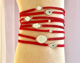 Fancy Charm Bracelets in Sterling Silver, Zirconia, Red String Bracelet Sets on World Thinnest Braided Bracelets from the 'Thin Collection'