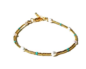 Pearls with golden miyuki bracelet, Handmade-one-of-a-kind-jewelry-gift by Lucky Charms USA