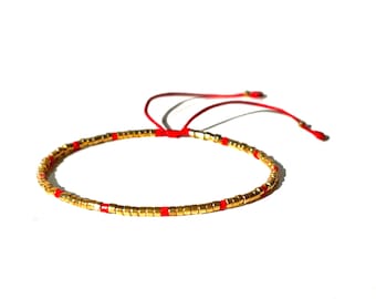 Gold and red dainty bracelet, Handmade minimalist jewelry gifts by Lucky Charms USA