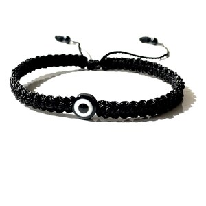 handmade black evil eye on black string braided macrame bracelet for men women kids, waterproof, adjustable lengths, custom-made wrist sizes, handmade-jewelry-bracelets-evil eye-gifts made to order in USA by Lucky Charms USA