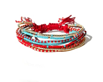 Multi-layered Miyuki handmade beaded bracelet set red turquoise gold beads a beautiful and perfect gift for her by Lucky Charms USA