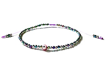 Handmade Hematite bracelet with purple evil eye for women iridescent colors purple green blue silver 2mm hematite gemstones dainty bracelet