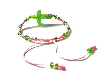 Limited Edition Cross Bracelet a Handmade Piece with Gold beads and A beautiful Green Color Glass Cross and Crystal beads on Pink String