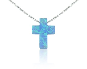 Cross necklace in blue, white, pink, green, yellow opal gift for her