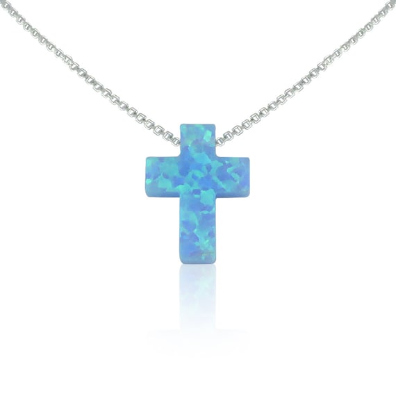 Cross Necklace in Blue and White Opal 