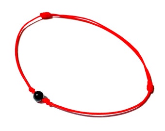 Real genuine black onyx stone bead bracelet on red protection string