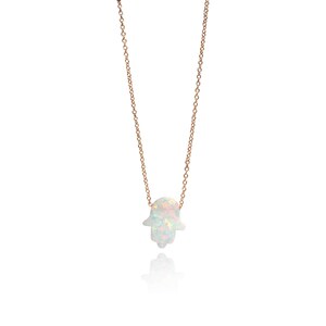 white opal hamsa hand pendant necklace rose gold-filled chain lengths 14inch 15inch 16inch 17inch 18inch 20inch 22inch 24inch Safe to get wet Handmade-hamsa-necklace-gift by Lucky Charms USA
collar opalo mano de fatima