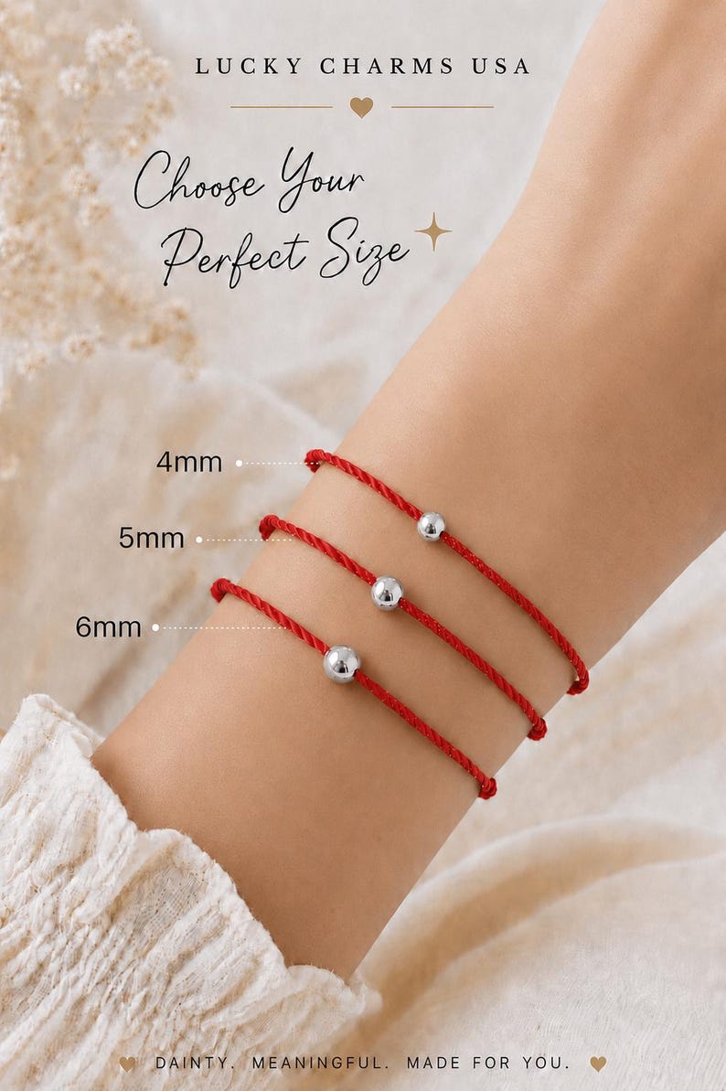 Lucky Charms USA red twisted cord bracelets with polished sterling silver beads in 4 mm, 5 mm and 6 mm size options.