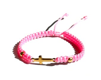 Gold-filled cross braided pink bracelet, handmade spiritual gifts by Lucky Charms USA