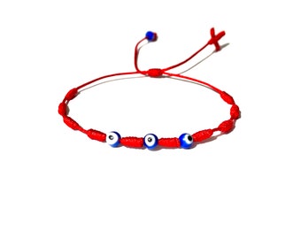 10 Knots Rosary Bracelet Handmade with 3 Cute Lucky Eyes In Black, Blue or Red String for Good Luck and Protection your Destiny Bracelet