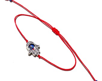 Fatima hand hamsa bracelet with evil eye on red string and blue accent glass beads