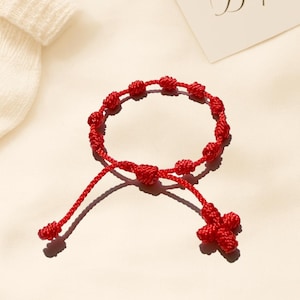 Hand-Blessed Baby Rosary Bracelet with Handmade Cross: Red Cord Guardian Angel Christening Gift