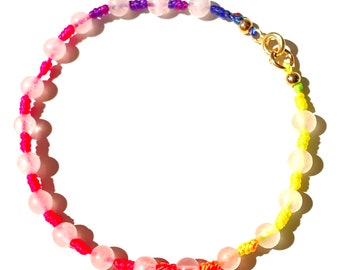 Rose quartz on rainbow color string with gold-filled clasp, your go-to happy vibes bracelet