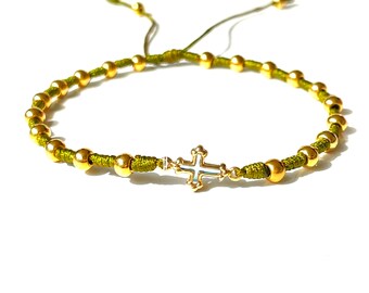 Cross bracelet in green moss color knotted string with gold-filled crystal cross and gold-filled accent beads