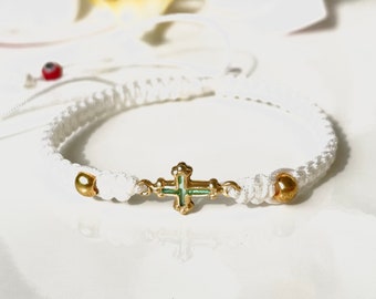 Cross gold-filled with evil eye beads on white string for kids, protective divine jewelry gifts for the little ones from Lucky Charms USA
