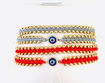 Gold-filled beaded evil eye red string hand-braided bracelet, Handmade protective gifts by Lucky Charms USA