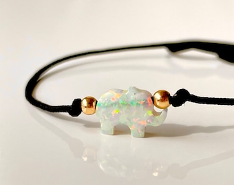 Elephant bracelet with pretty white lab opal on adjustable black string waterproof custom made to your wrist size and enjoy free shipping