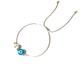 Evil eye and initial letter with 14k gold beads, Handmade-personalized-initial-gifts by Lucky Charms USA