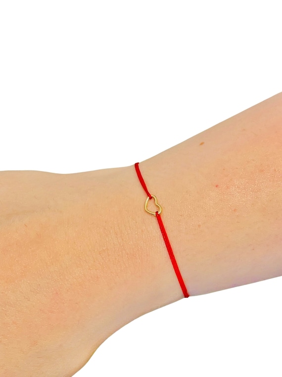 Thin Gold Heart Red String Dainty Bracelet a Minimalist Handmade