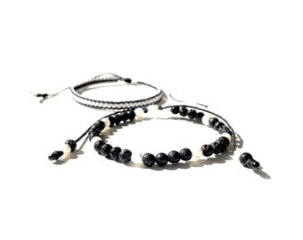 Black and White Beaded Bracelet Selenite and Lava beads and braided macrame