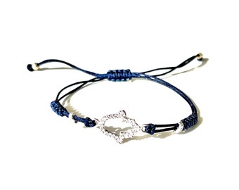 Hamsa hand bracelet in sterling silver and cubic zirconia on navy blue string with macrame detail by Lucky Charms USA