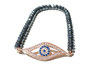 Elegant rose gold evil eye + hematite bracelet handmade jewelry bead bracelet gift by Lucky Charms USA