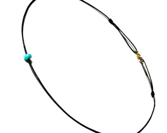 Turquoise stone string choker necklace, Say goodbye to negative energies and hello to good vibes! Red or black cord with gold-filled clasp