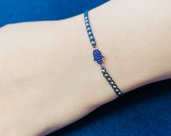 Hamsa Hand Bracelet with Blue CZ and Gold-filled beads on Denim Blue Hand-Braided Bracelet, adjustable size 5 to 7inch wrist, One-Of-A-Kind