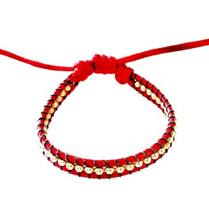 Red Wax Cord Fancy Bracelets with Gold-filled Beads for Women Adjustable size fit wrist size 5inch to 7inch safe to get wet Handmade By Lucky Charms USA