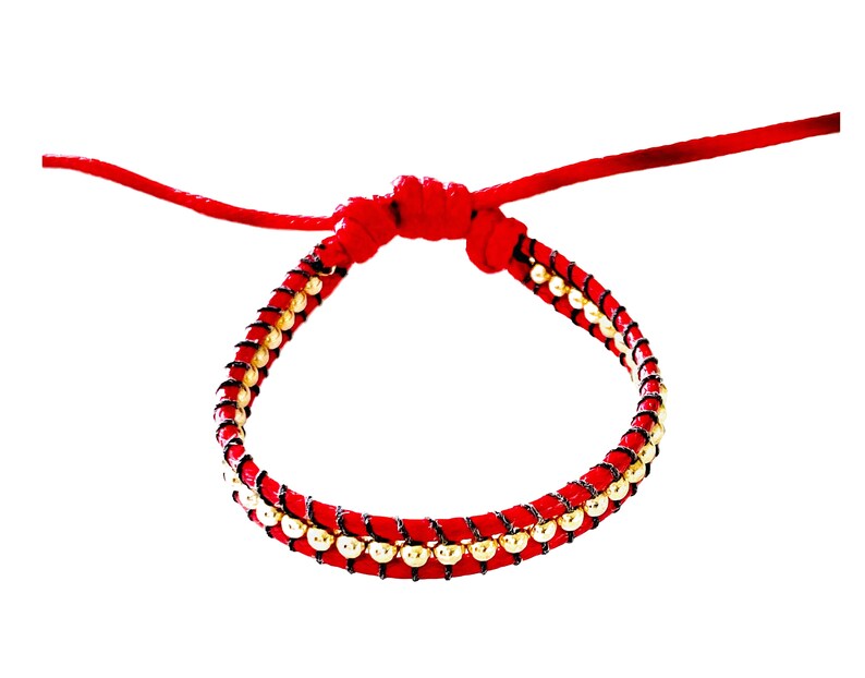 Red Wax Cord Fancy Bracelets with Gold-filled Beads for Women Adjustable size fit wrist size 5inch to 7inch safe to get wet Handmade By Lucky Charms USA