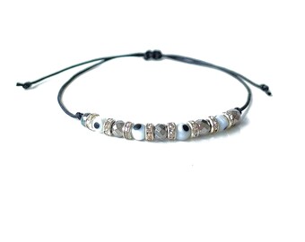 Evil eye bead bracelet with cubic zirconia sparkling beads and hematite gemstone