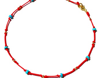 Red string anklet bracelet with turquoise stones and gold-filled beads a stylish treat for your cute feet