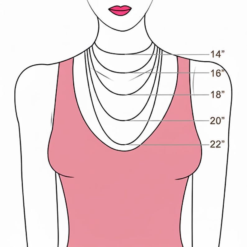 Pode incluir: Diagrama que ilustra os comprimentos dos colares em uma pessoa. A imagem mostra um top rosa e uma s&eacute;rie de comprimentos de colar: 35,5 cm, 40,6 cm, 45,7 cm, 50,8 cm e 55,8 cm. O diagrama ajuda a visualizar como os diferentes comprimentos de colar ficar&atilde;o.