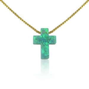 green opal cross pendant necklace on a gold-filled box chain, handmade cross religious gifts for her by lucky Charms USA