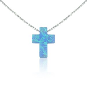 blue opal cross pendant necklace on a sterling silver box chain, handmade cross gifts for her by lucky Charms USA