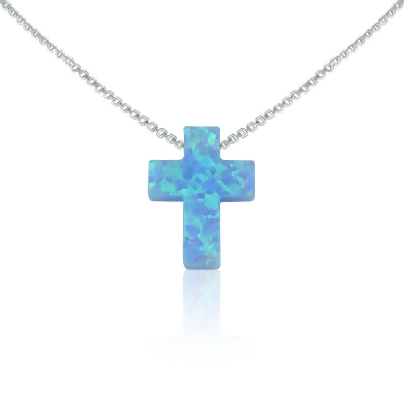 blue opal cross pendant necklace on a sterling silver box chain, handmade cross gifts for her by lucky Charms USA