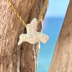 Hummingbird pendant necklace from white lab opal pendant on dainty cable chain in sterling silver or gold-filled for women and girls custom-made lengths and made to order in USA by Lucky Charms USA