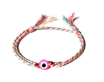Evil eye braided bracelet gift for cool girl in pretty colors of pink yellow turquoise and orange, waterproof plus free shipping in USA